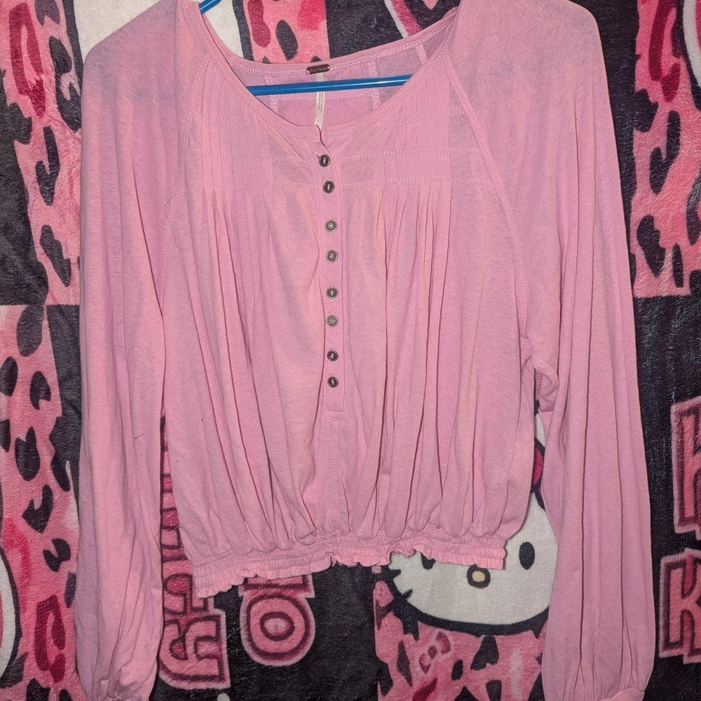 Free People Pink Ruched Long Sleeve Blouse